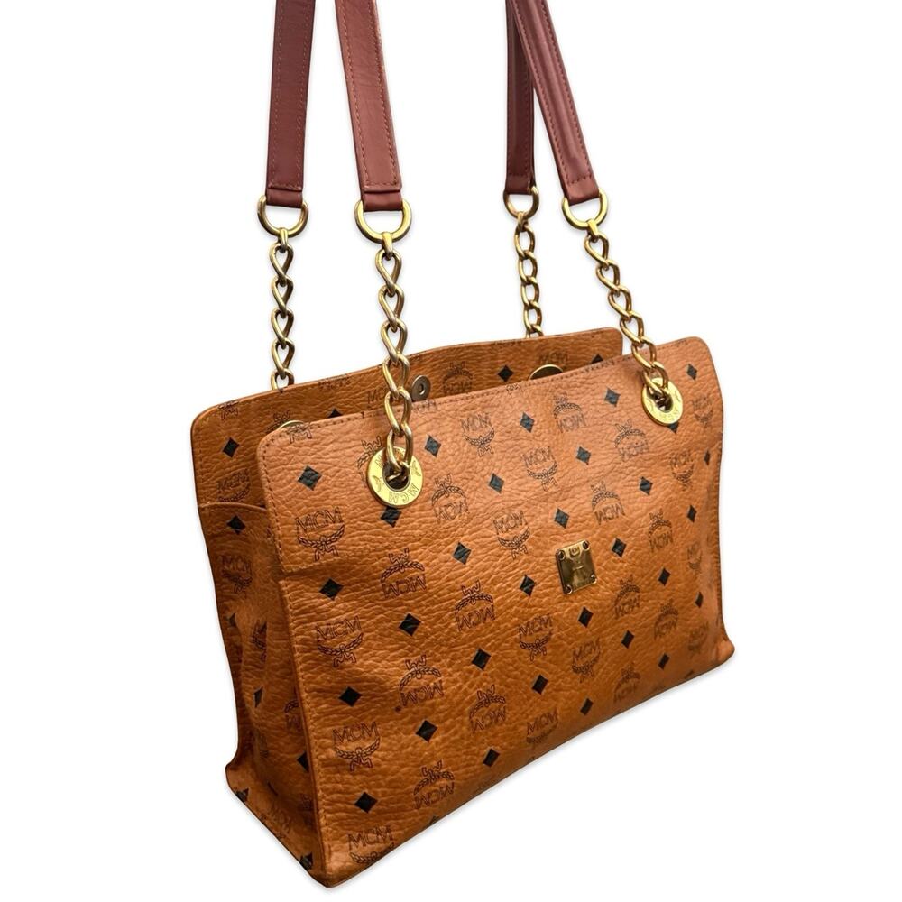 MCM Visetos Cognac Shoulder Bag Gold Chain Strap Medium Tote - Picture 8 of 16